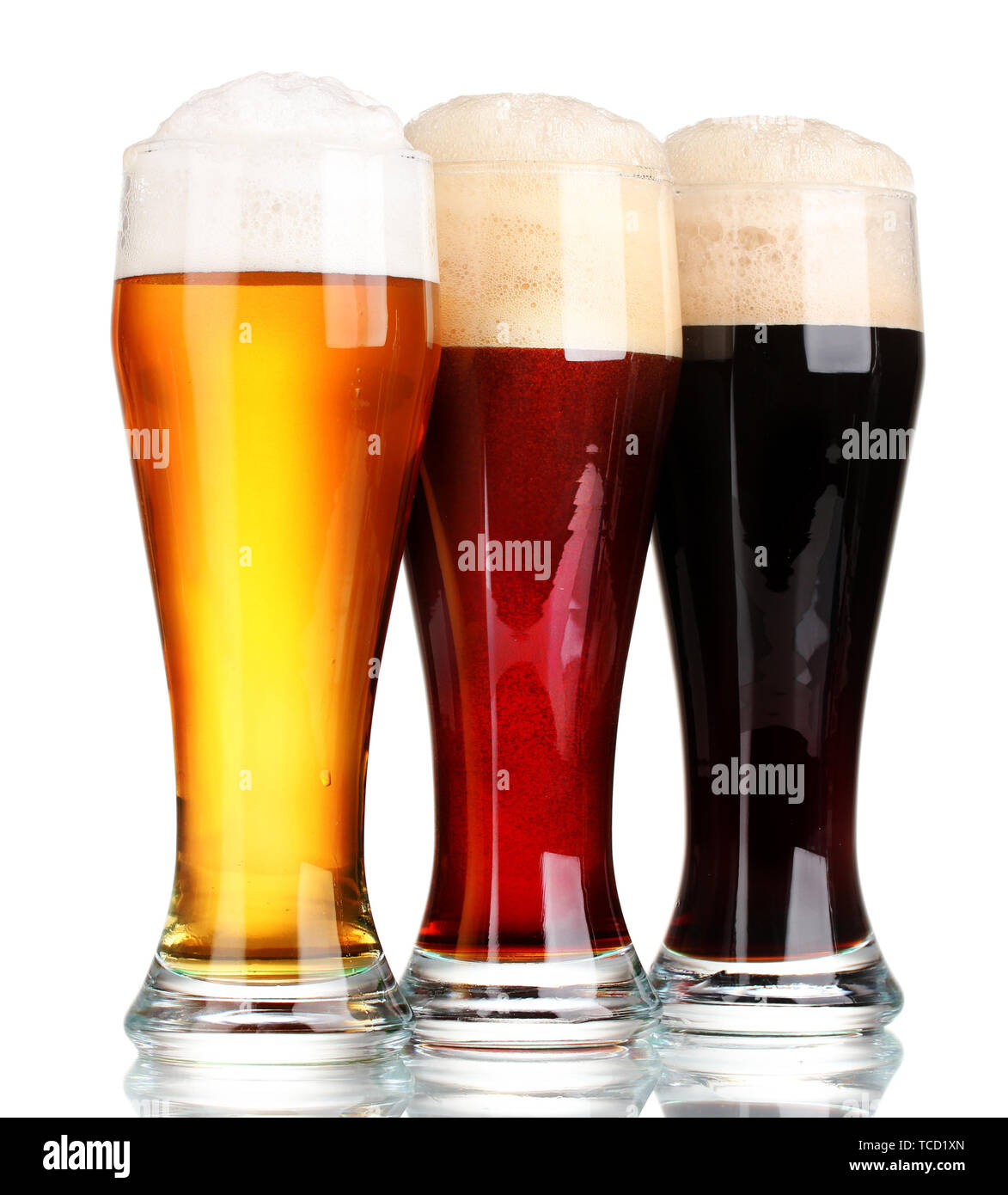 three glasses with different beers isolated on white Stock Photo Alamy