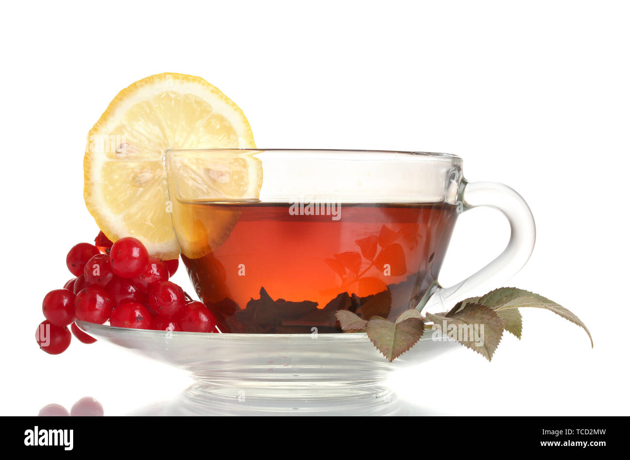 Black tea  with red viburnum and lemon in glass cup isolated on white Stock Photo