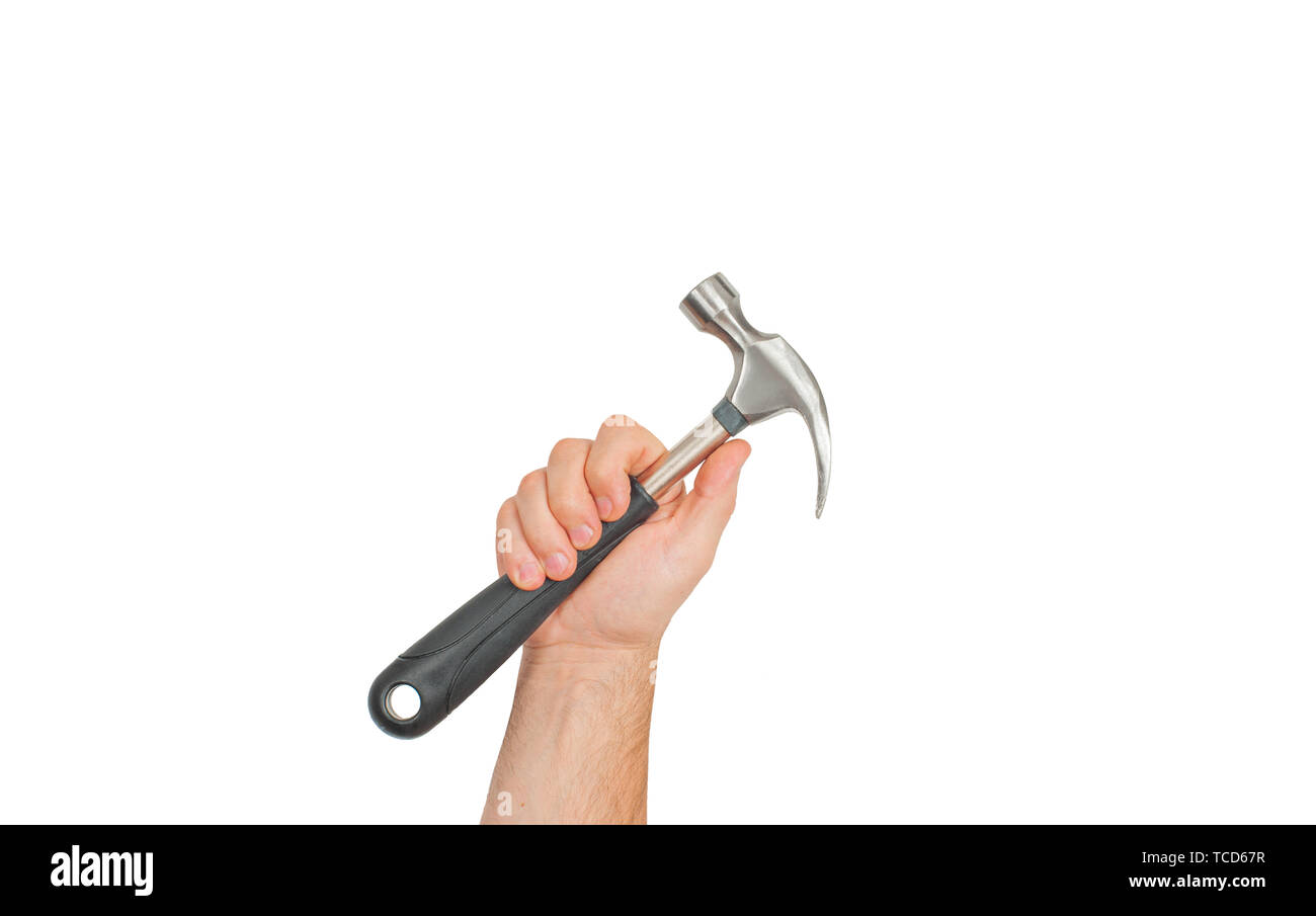 Tool. Hand is holding hammer isolated on a white background Stock Photo ...