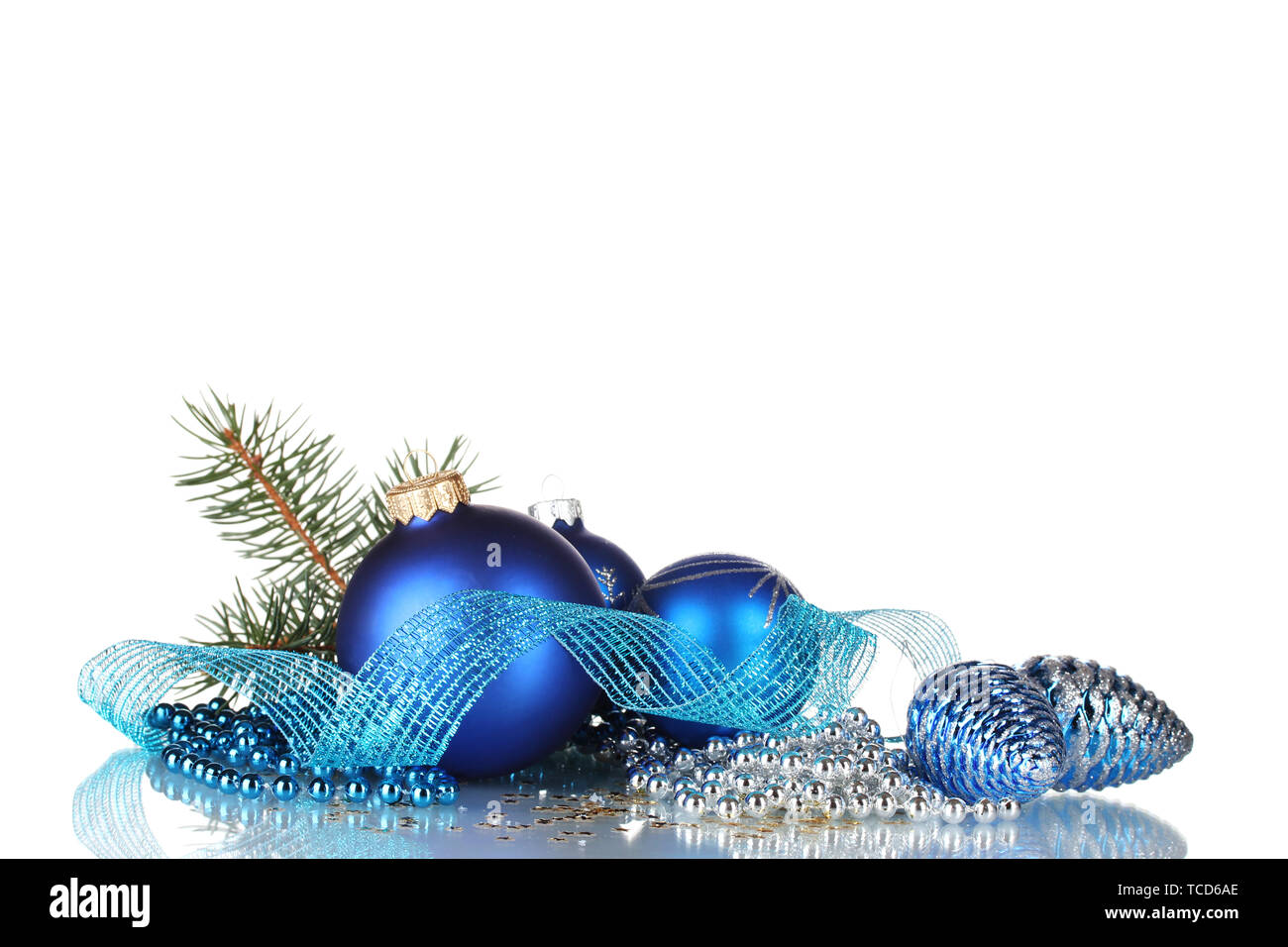 Christmas ball and green tree on white background Stock Photo - Alamy