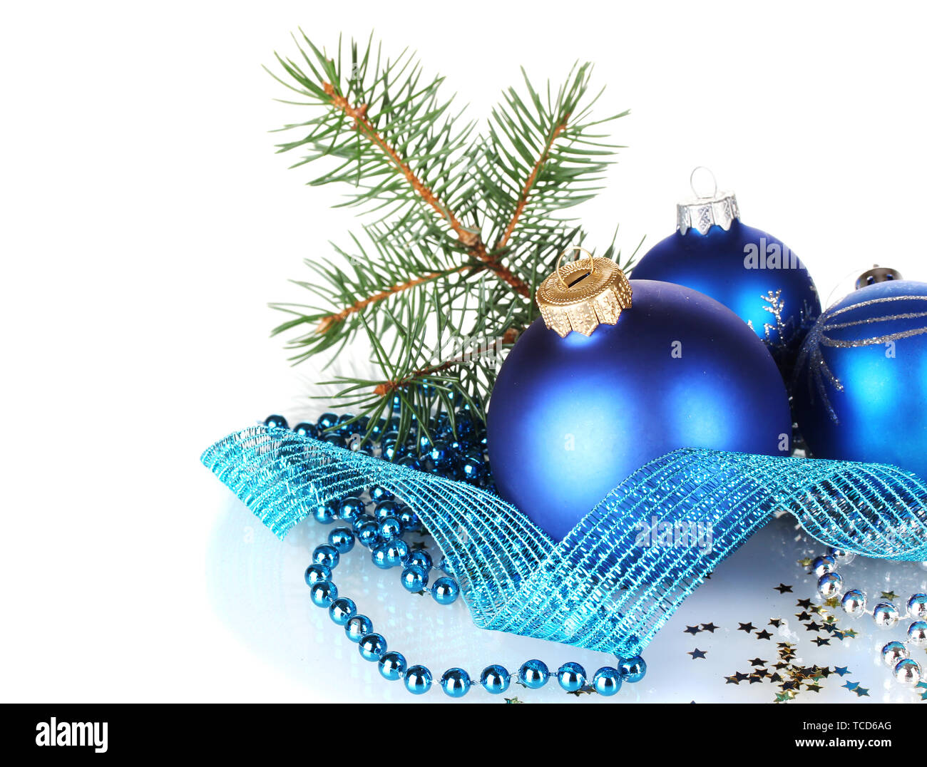 Christmas ball and green tree on white background Stock Photo - Alamy