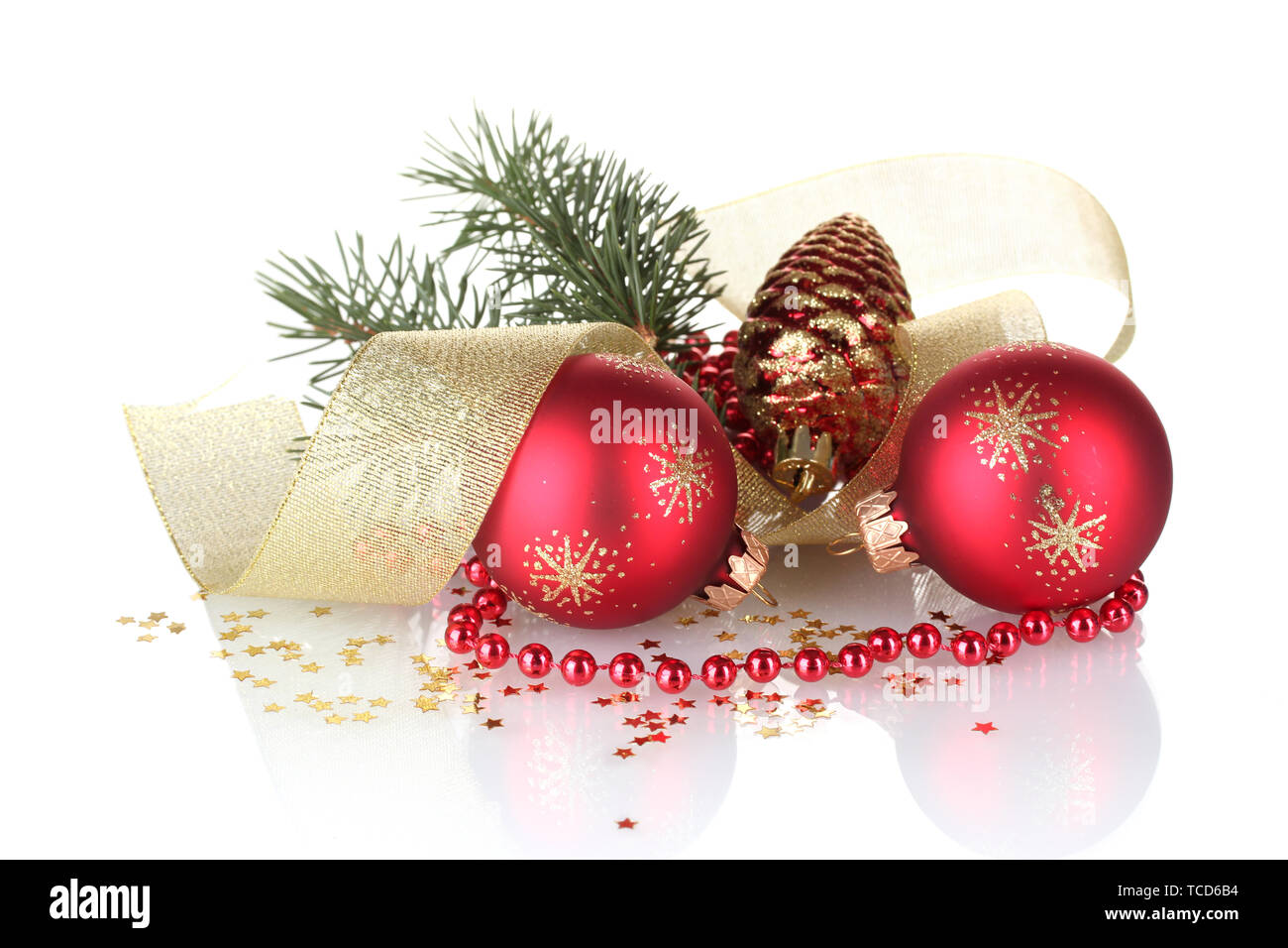 Christmas ball and green tree on white background Stock Photo - Alamy