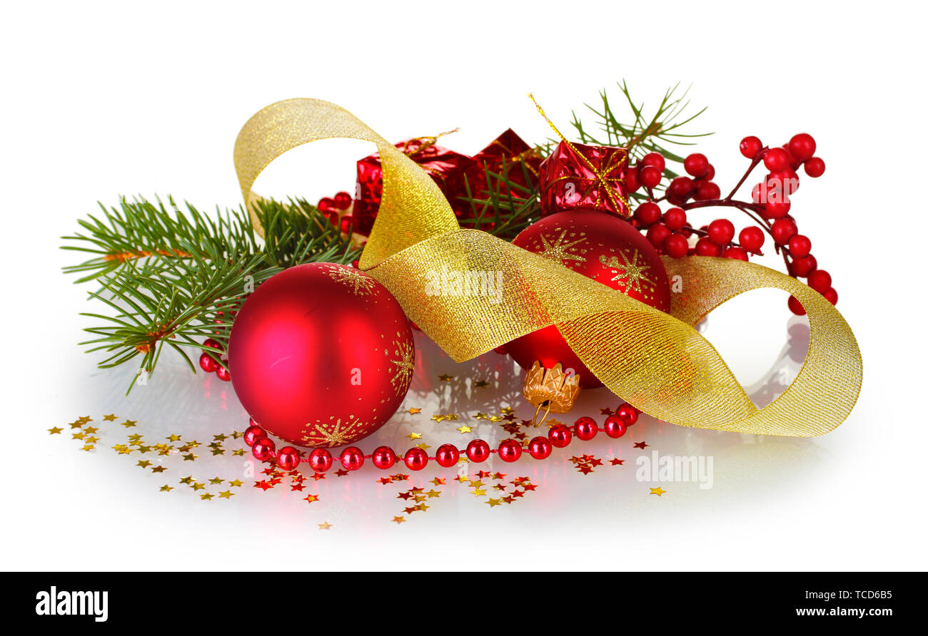 Christmas ball and green tree on white background Stock Photo - Alamy