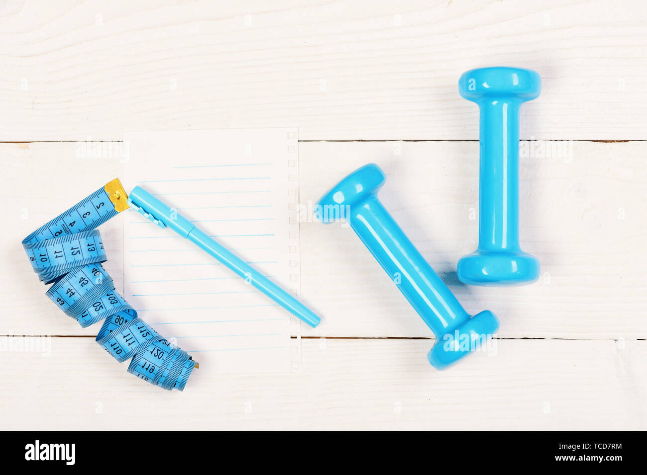 Sports equipment in cyan blue color top view. Active lifestyle