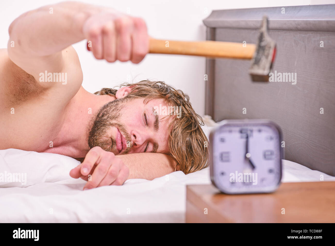 Annoying Sound Stop Ringing Annoying Ringing Alarm Clock Man Bearded Annoyed Sleepy Face Lay Pillow Near Alarm Clock Guy Knocking With Hammer Alarm Clock Ringing Break Discipline Regime Stock Photo Alamy