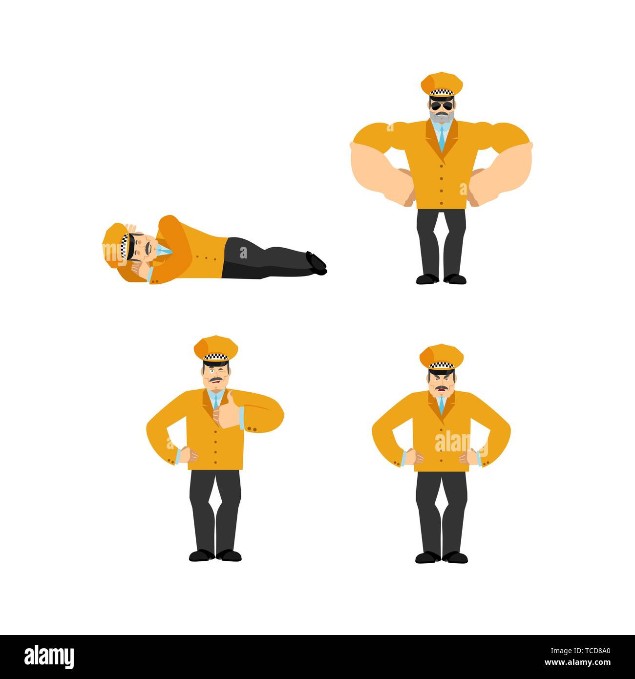 Taxi driver set poses. Cabdriver happy. Cabbie sleeping and angry. guilty and sad. Vector illustration Stock Vector