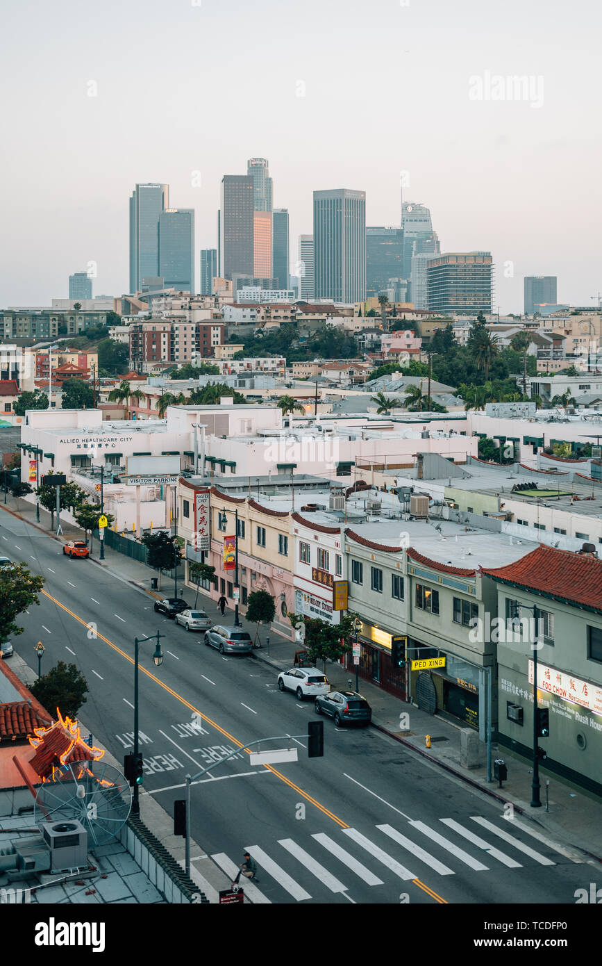 View of Hill Street in Chinatown and the downtown Los Angeles skyline