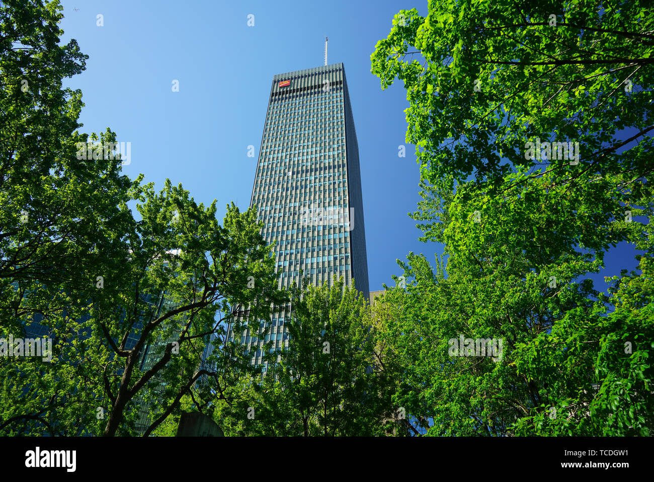 Montreal, Canada,June 6, 2019.CIBC building peeking out from trees in public park.Montreal,Quebec,Canada.Credit:Mario Beauregard/Alamy Live News Stock Photo