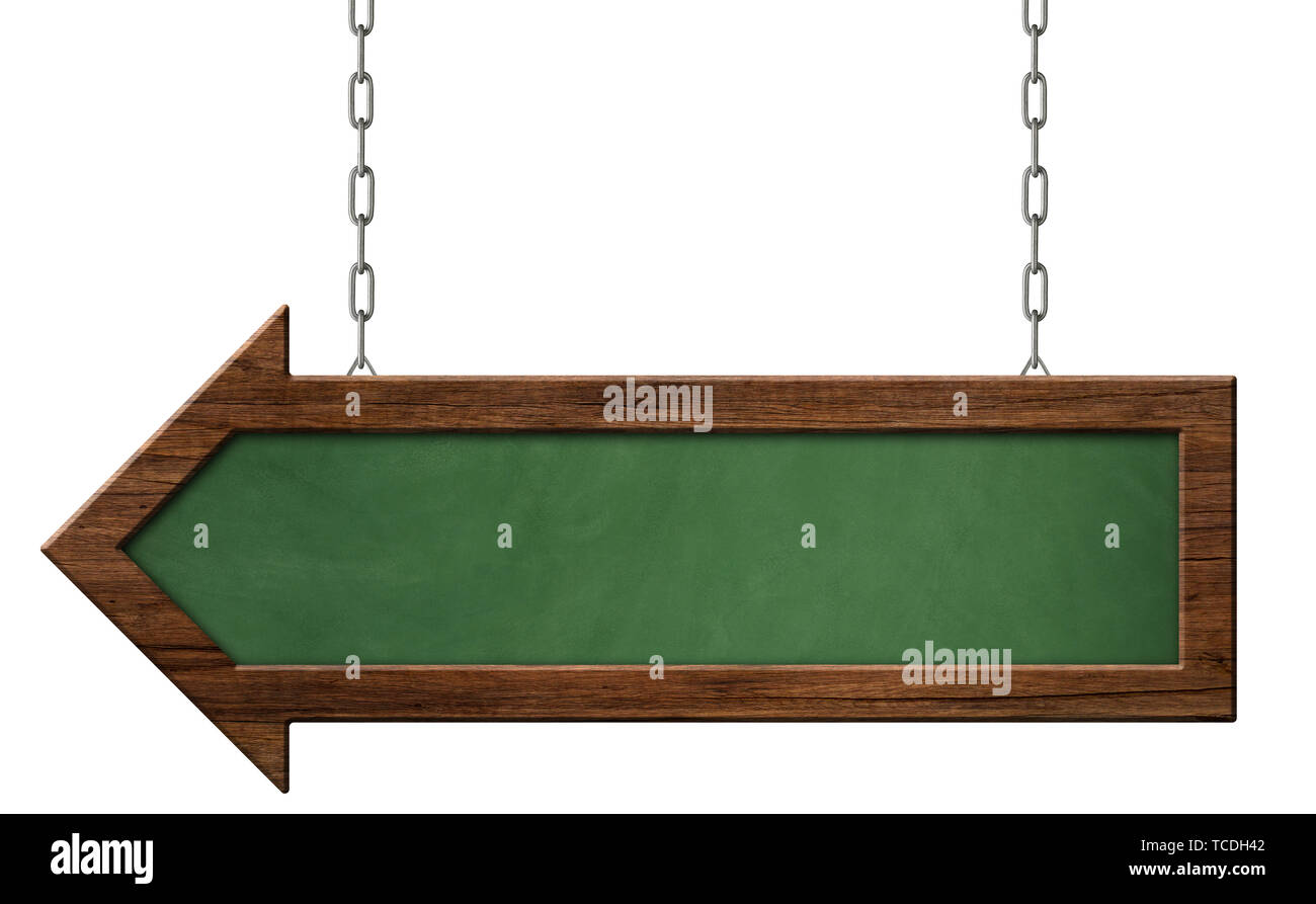 Green blackboard with dark frame and arrow shape hanging on chains Stock Photo