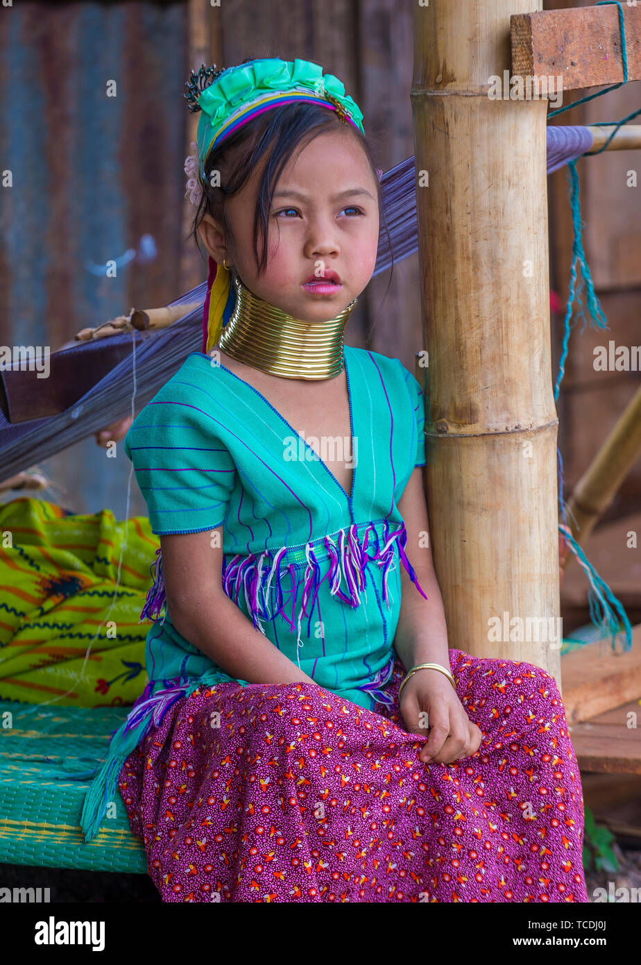 Portrait of Kayan tribe woman in Kayan state Myanmar Stock Photo