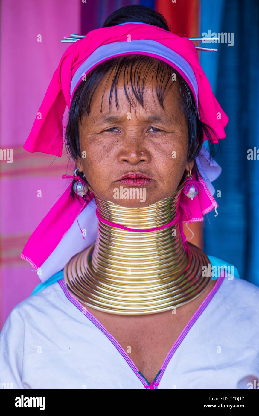 Portrait of Kayan tribe woman in Kayan state Myanmar Stock Photo