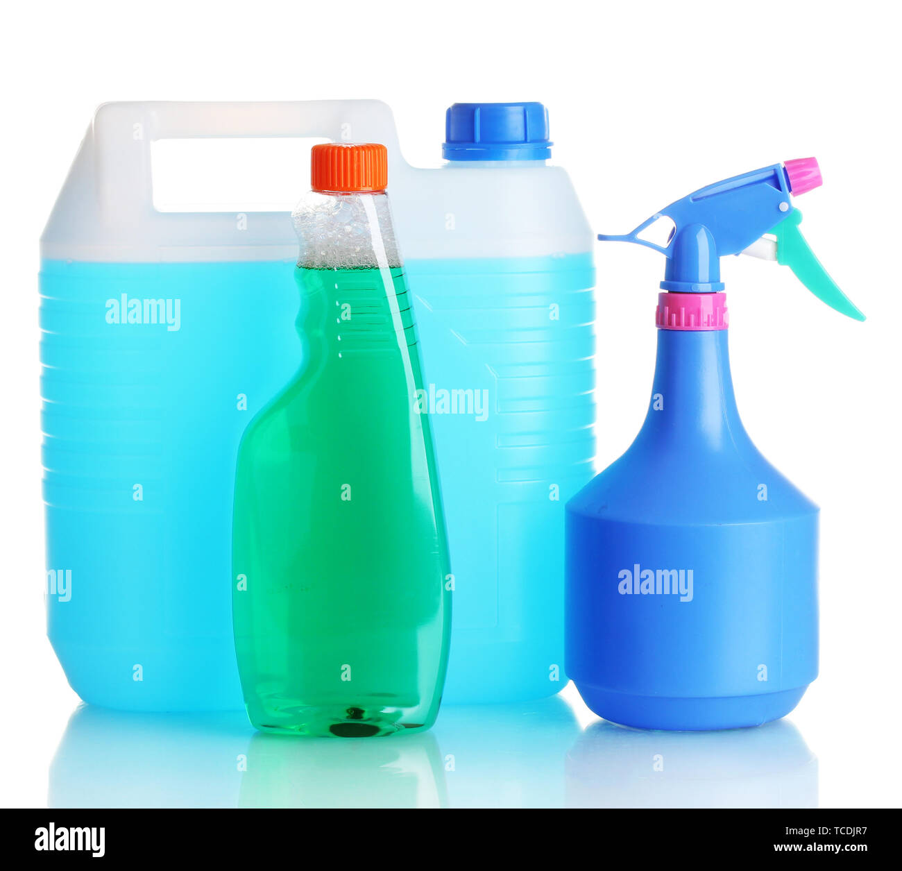 canister with liquid and detergent bottles isolated on white Stock