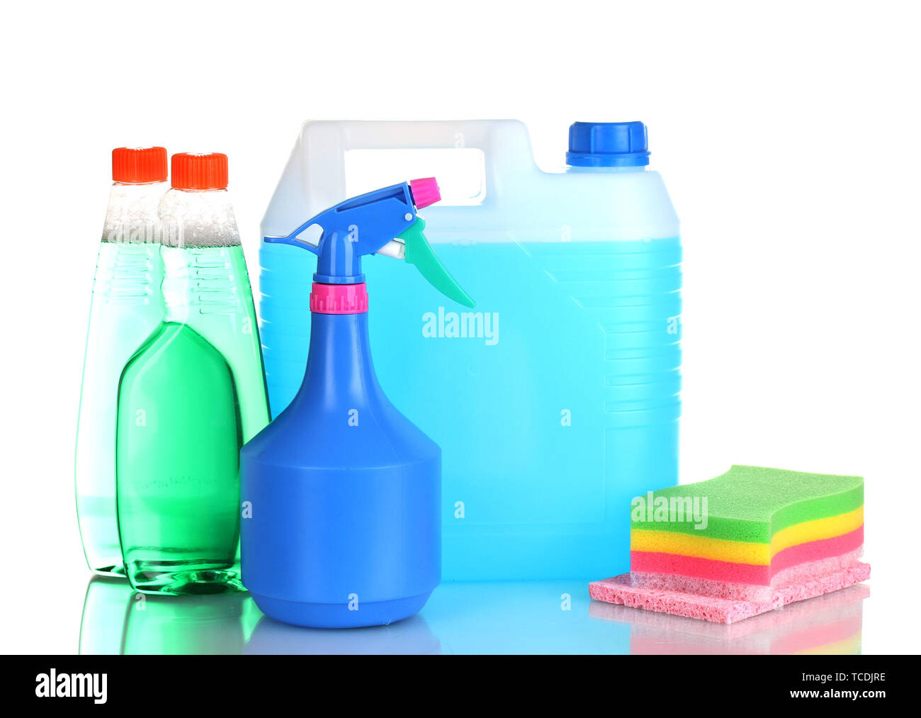 canister with liquid and detergent bottles isolated on white Stock