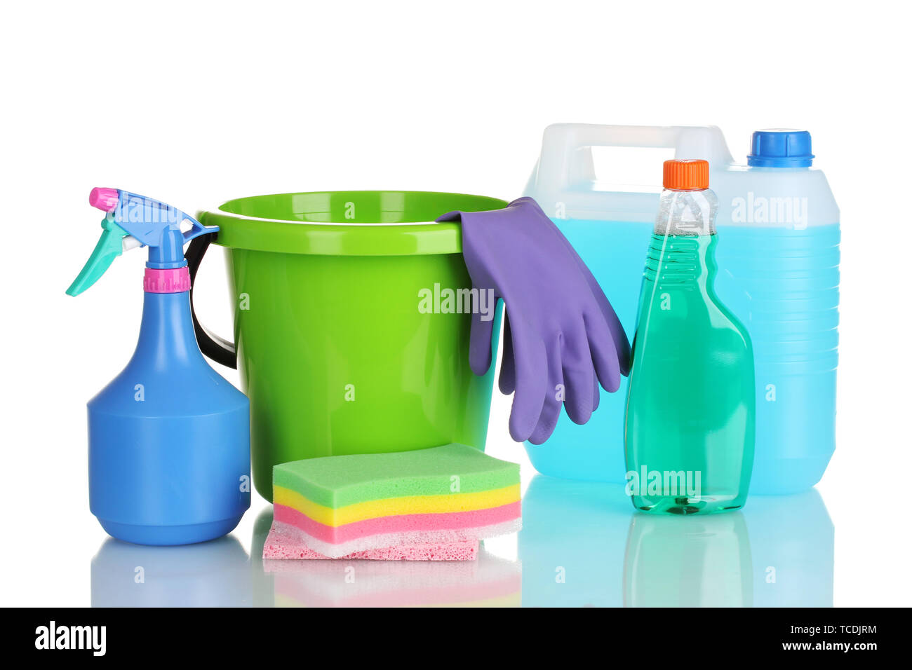 canister, detergent bottles with liquid and bucket isolated on white