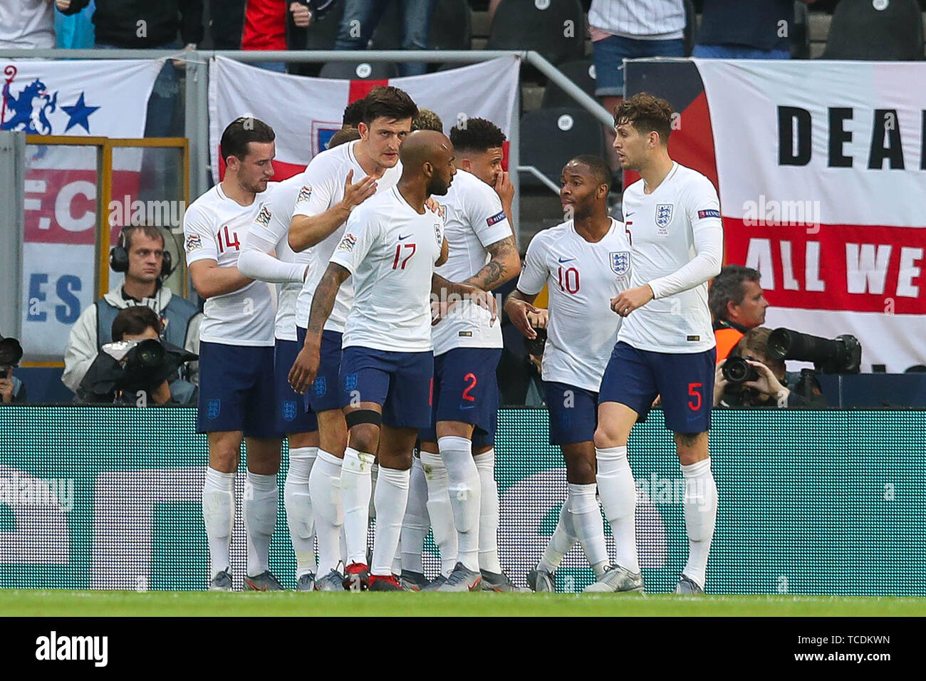 6 june 2019 Guimarães, Portugal Soccer Nations League - Netherlands v England  Semi final UEFA Nations League 2019  England scores  Stefan de Vrij  of The Netherlands, Daley Blind  of The Netherlands, Nathan Ake  of The Netherlands Stock Photo