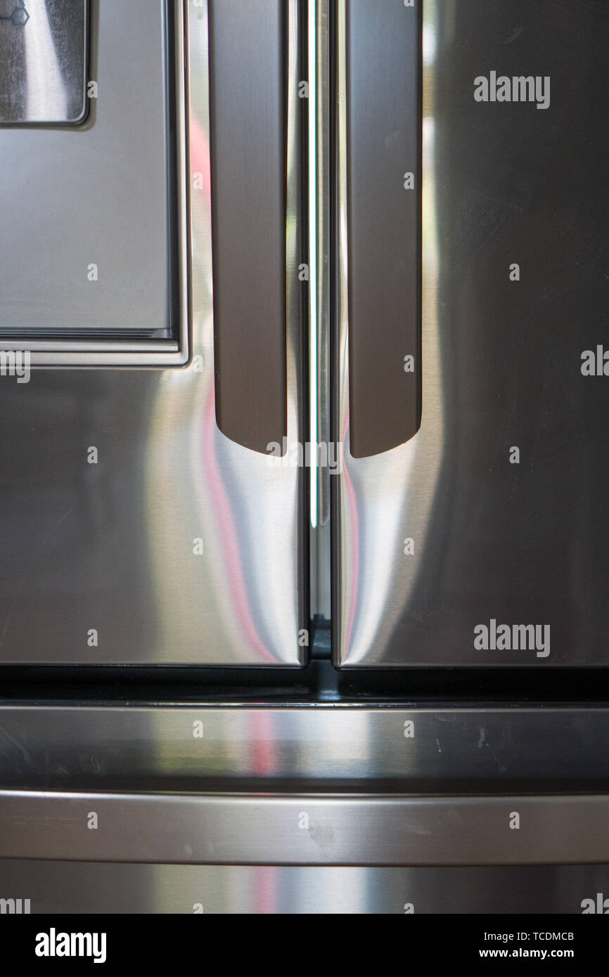close up of stainless steel refrigerator doors Stock Photo Alamy