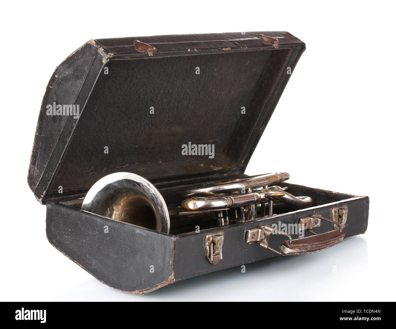 old trumpet in case isolated on white Stock Photo Alamy