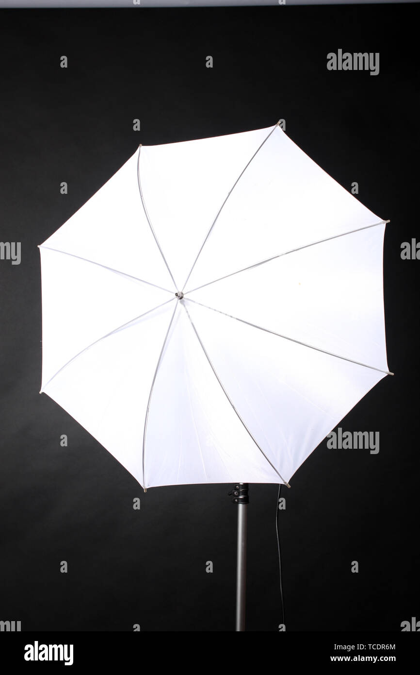 Studio flash with umbrella on grey background Stock Photo Alamy