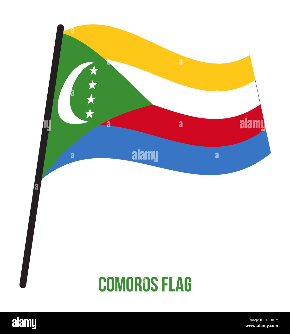 Comoros Flag Waving Vector Illustration on White Background. Comoros National Flag. Stock Photo