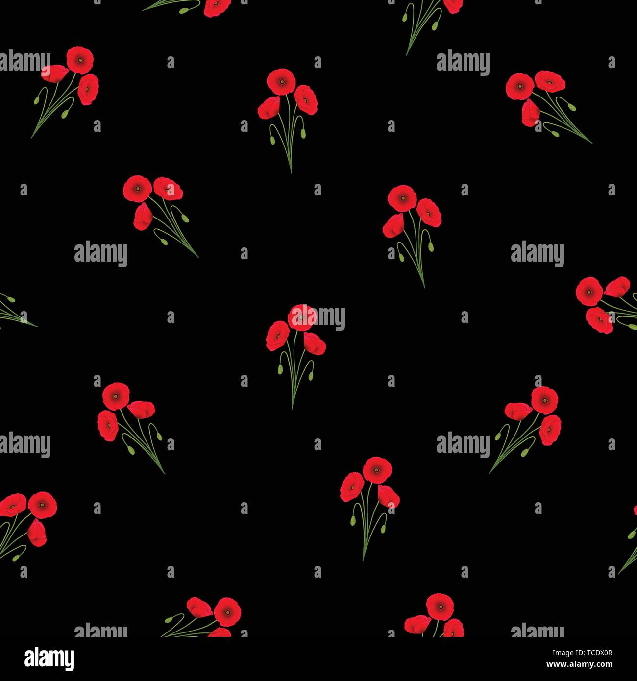 Red Corn Poppy Seamless on Black Background. Vector Illustration. Stock Vector