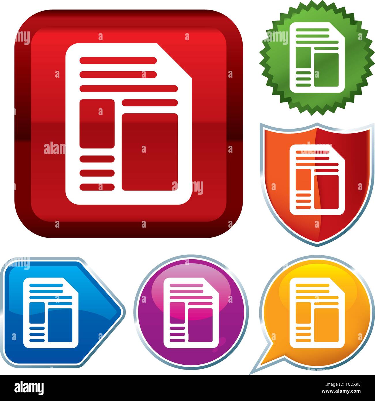 Vector illustration. Set shiny icon series on buttons. Document. Stock Vector