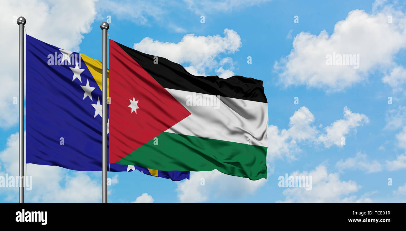 Bosnia Herzegovina and Jordan flag waving in the wind against white cloudy  blue sky together. Diplomacy concept, international relations Stock Photo -  Alamy