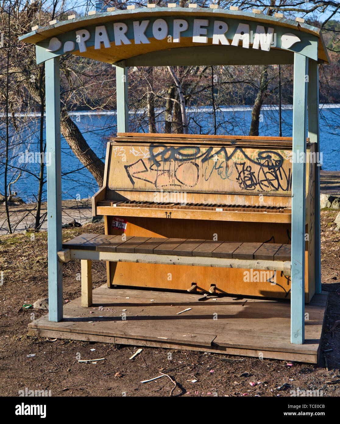 Wooden piano sprayed with graffiti, Stockholm, Sweden, Scandinavia Stock Photo