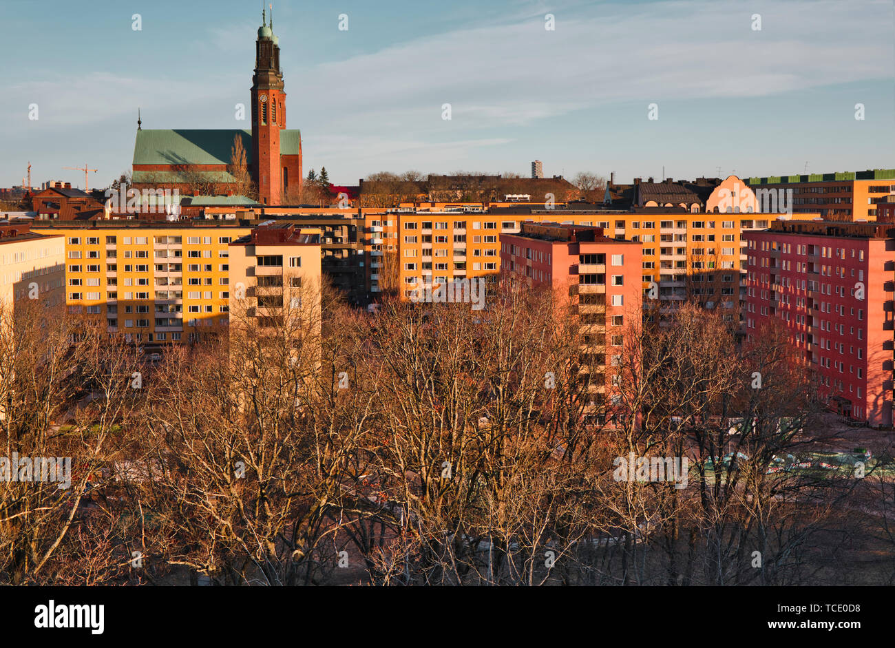 Colourful apartment blocks and towers of National Romantic style