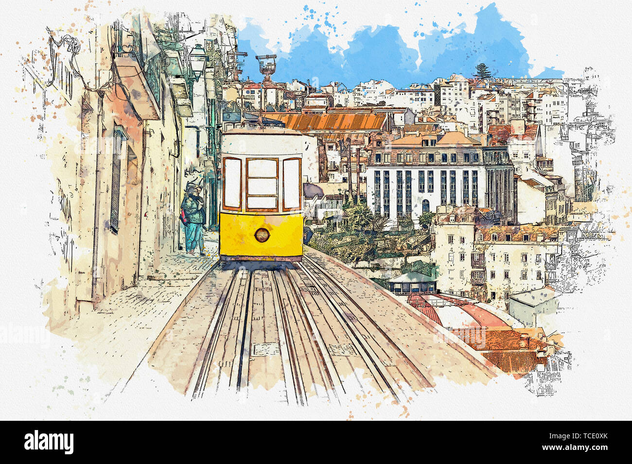 Watercolor sketch or illustration of a traditional yellow tram on a street in Lisbon in Portugal. Stock Photo