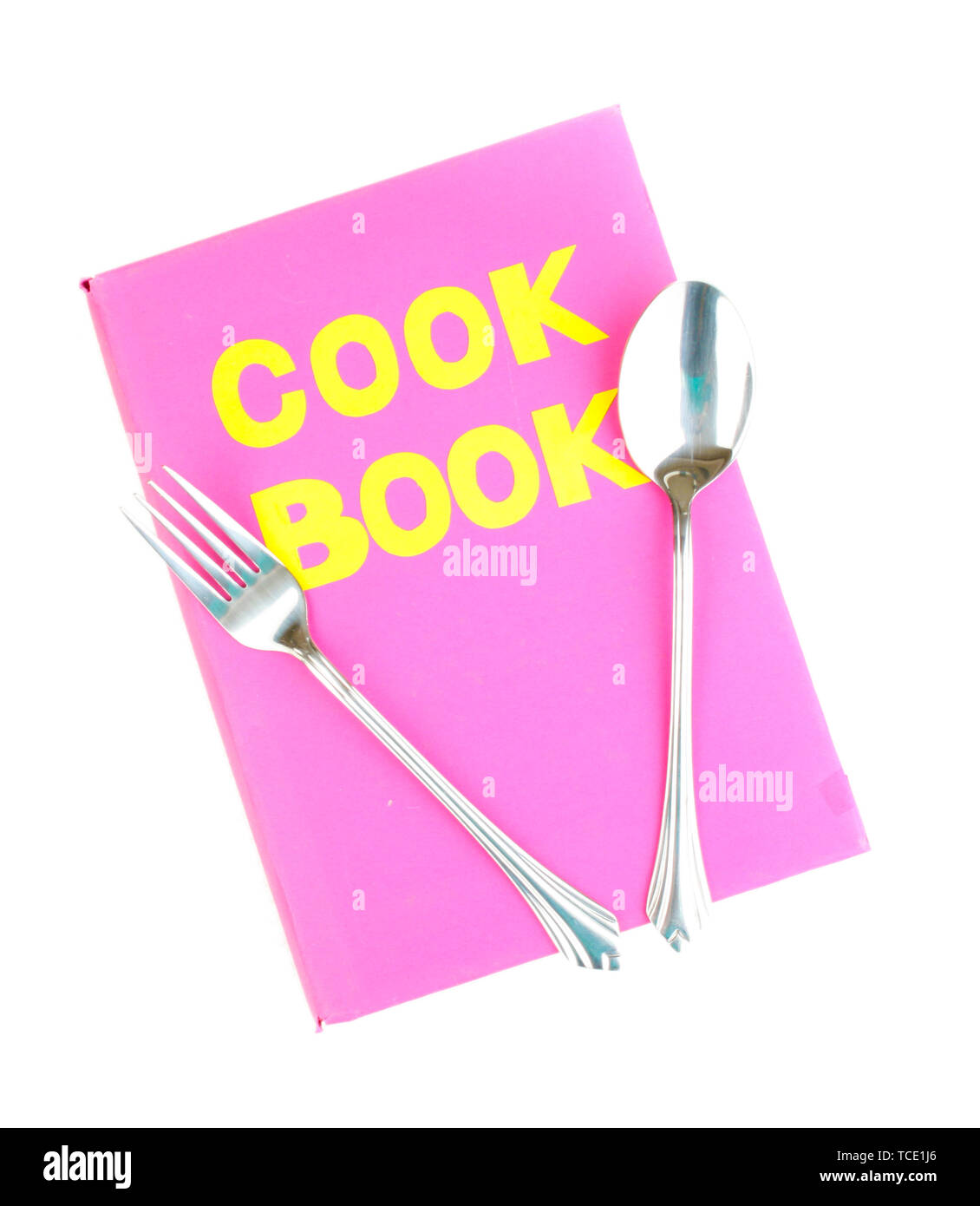 Pink cookbook and kitchenware isolated on white Stock Photo - Alamy
