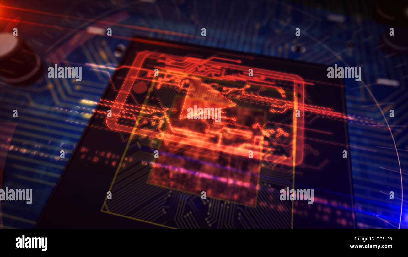 Futuristic concept of digital media, mobile player, broadcasting and video streaming. Digital background with circuit board 3d illustration. Stock Photo