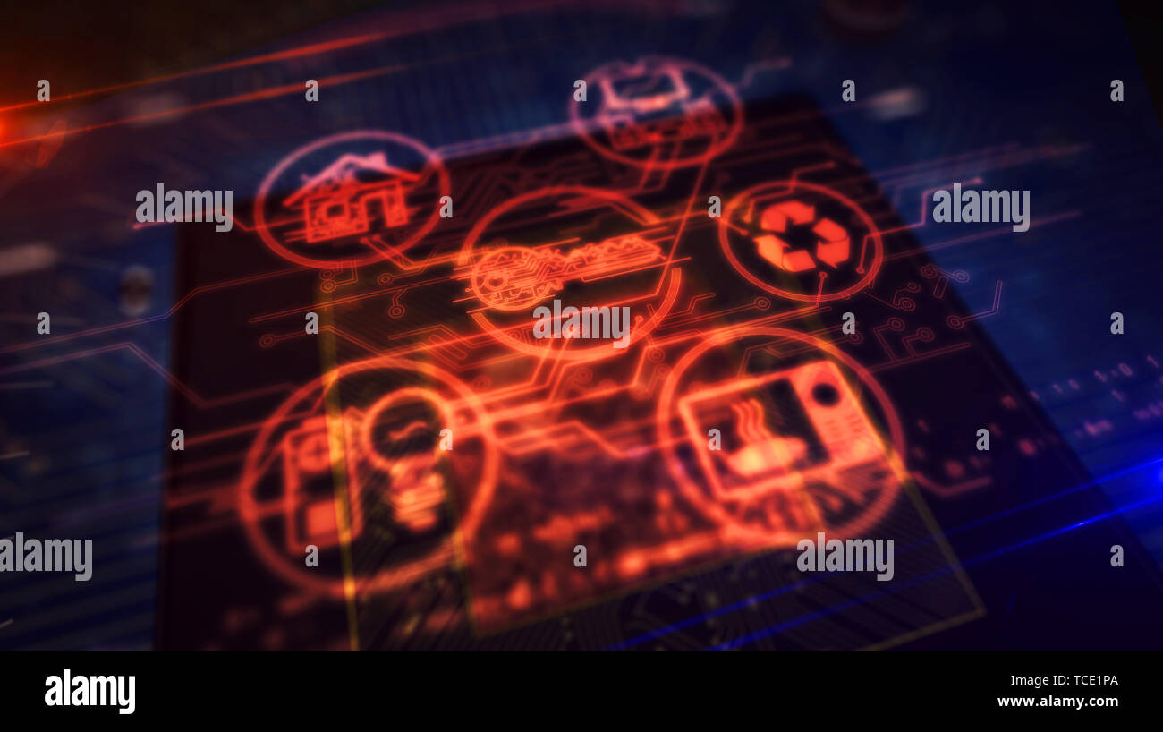 IOT of things symbols hologram over working cpu in