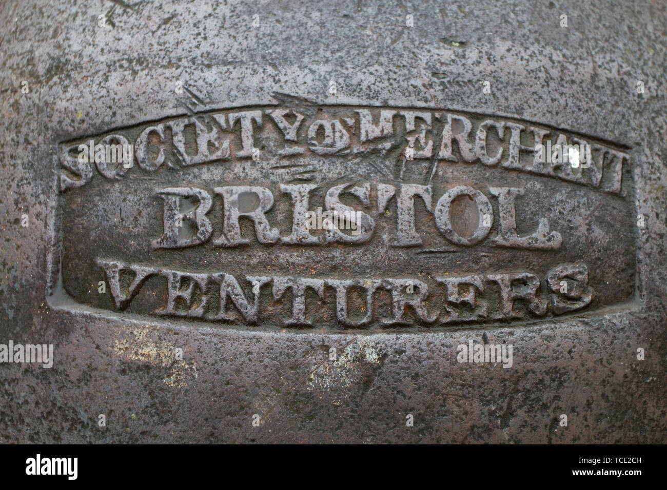 BRISTOL: Society of Merchant Venturers text on a cast mooring bollard. Stock Photo