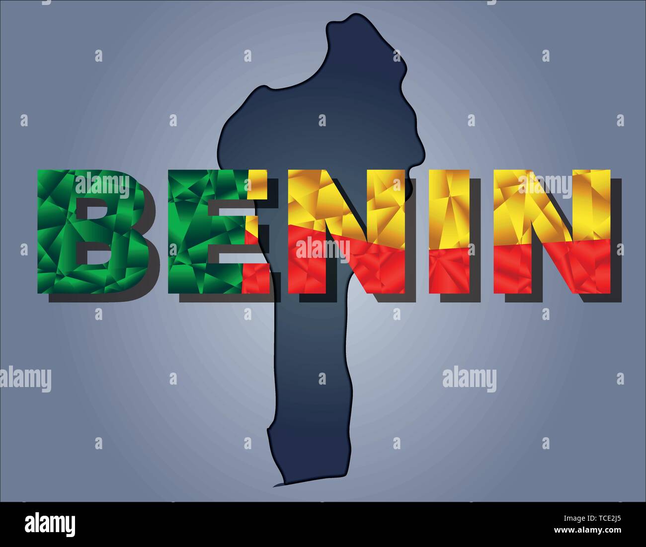 The contours of territory of Benin and Benin word in colours of the national flag, green, yellow and red. Africa continent Stock Vector