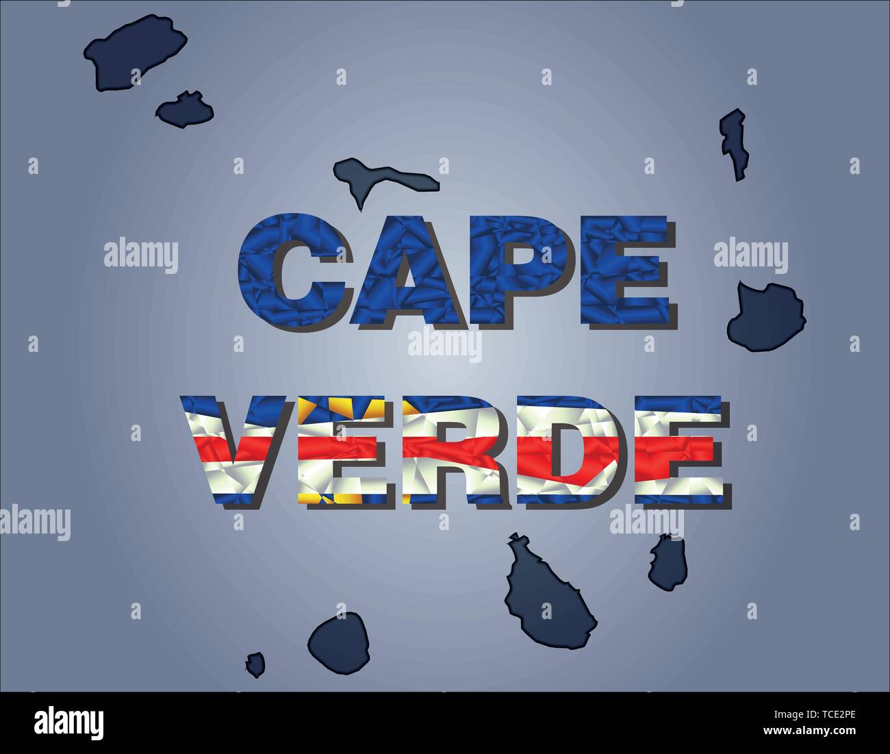 The contours of territory of Capa Verde islands and Capa Verde word in colours of the national flag, blue, yellow, white and red. Africa continent Stock Vector