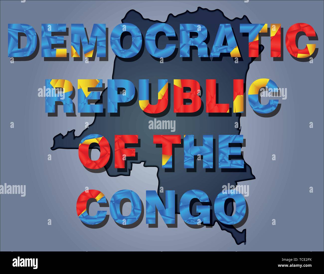 The contours of territory of Democratic Republic of the Congo and Congo word in colours of the national flag, blue, yellow and red. Africa continent Stock Vector