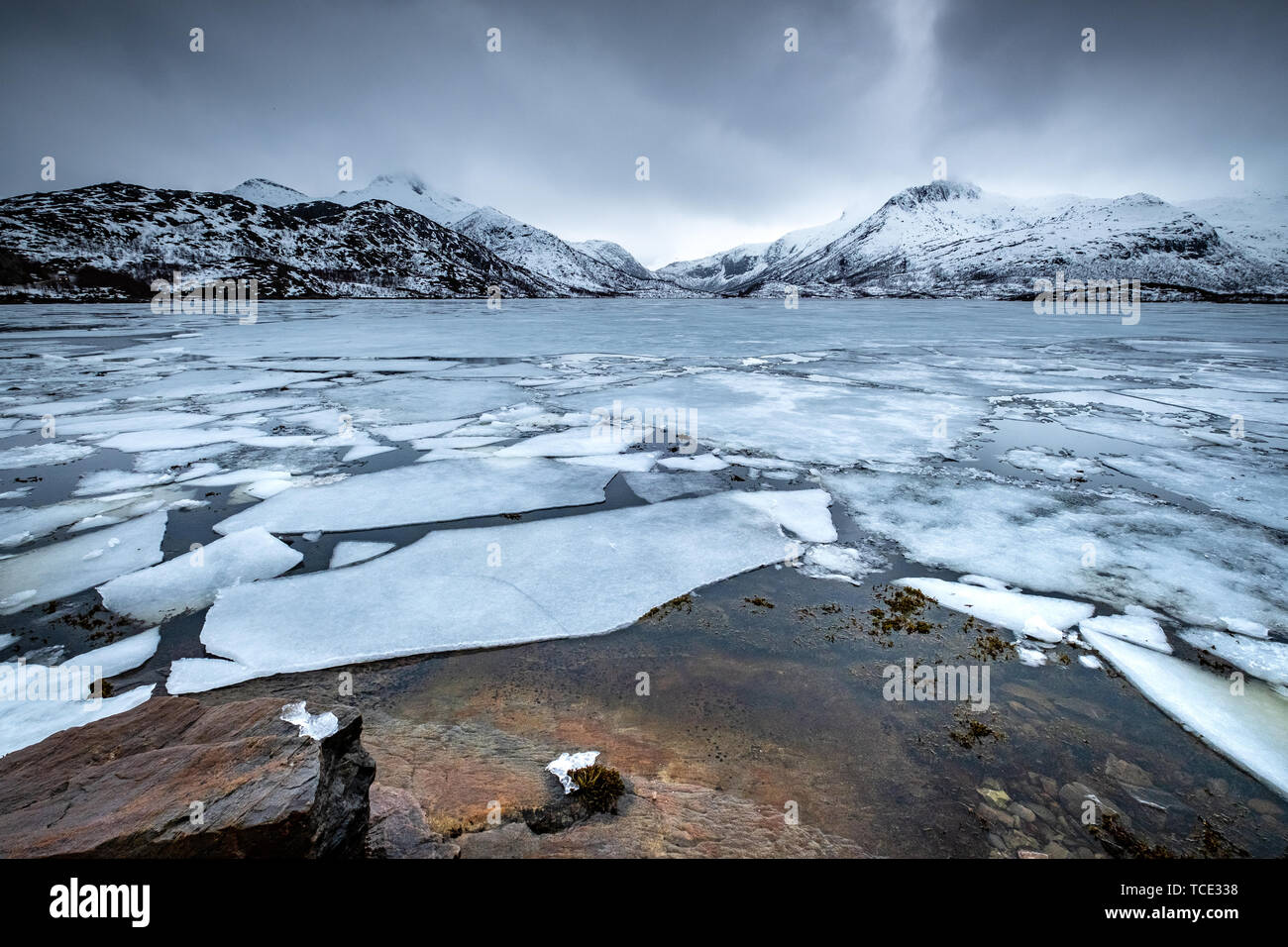 Frozen lake near Svolvaer airport, Austvagoya, Nordland, Norway Stock Photo