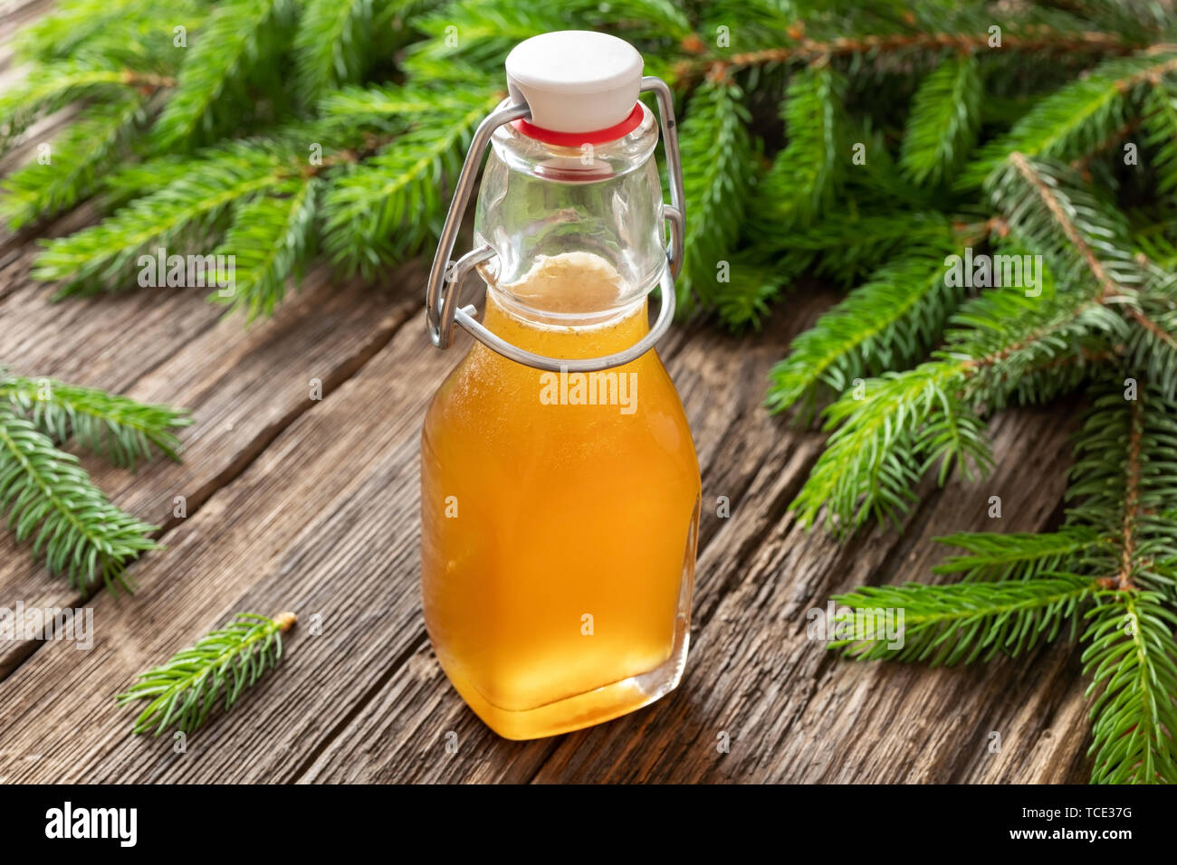 Homemade herbal syrup against cough made from young spruce tips Stock Photo