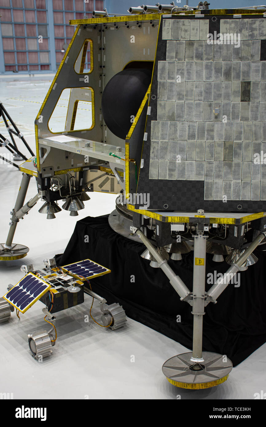 The OrbitBeyond Z-01 lunar lander mock up for the NASA Commercial Lunar Payload Services Artemis program at the Goddard Space Flight Center May 31, 2019 in Greenbelt, Maryland. The lander was one of three commercial providers selected by NASA to carry a payload to the lunar surface by 2014. Stock Photo