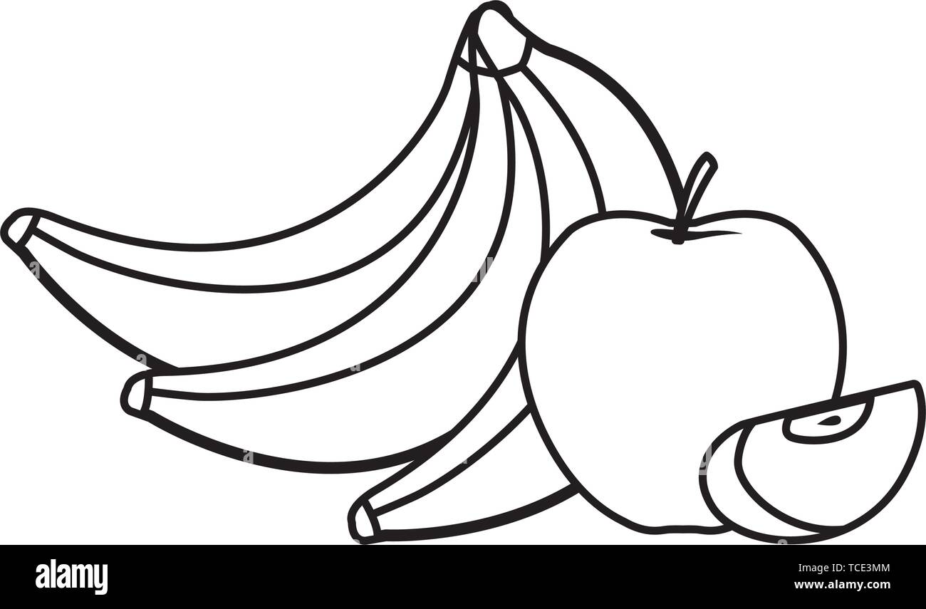 Bananas and apples sliced cartoon in black and white Stock Vector Image