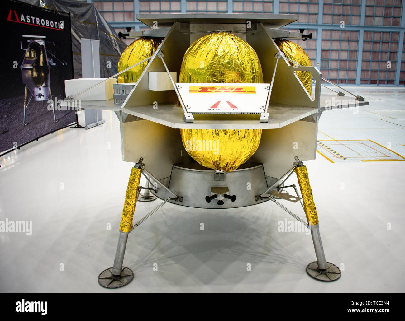 The Astrobotic Peregrine lunar lander, designed for the NASA Commercial Lunar Payload Services Artemis program on display at the Goddard Space Flight Center May 31, 2019 in Greenbelt, Maryland. The land was one of the three commercial providers selected by NASA to carry a payload to the lunar surface by 2014. Stock Photo