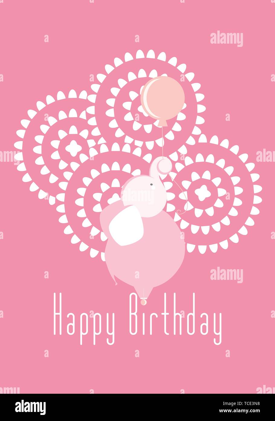 Elephant birthday card for girl in pink Stock Vector