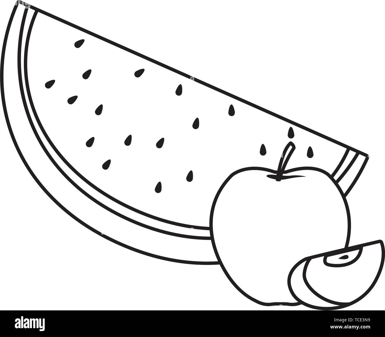 Watermelon and apples sliced cartoon in black and white Stock Vector