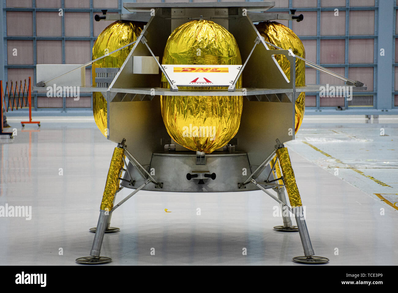 The Astrobotic Peregrine lunar lander, designed for the NASA Commercial Lunar Payload Services Artemis program on display at the Goddard Space Flight Center May 31, 2019 in Greenbelt, Maryland. The lander was one of the three commercial providers selected by NASA to carry a payload to the lunar surface by 2014. Stock Photo