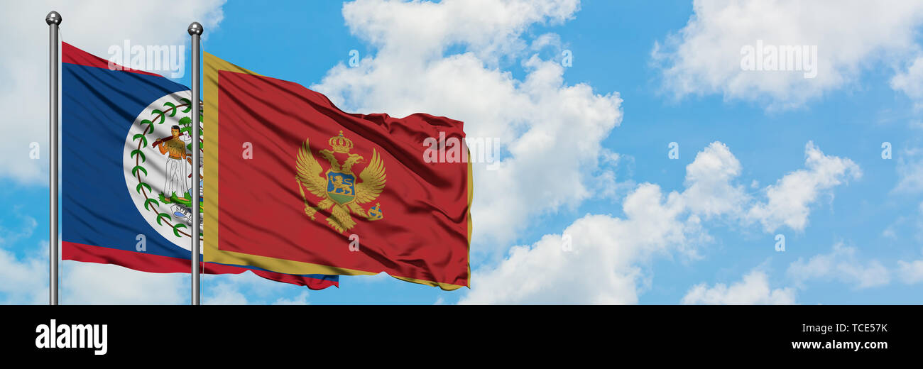 Belize and Montenegro flag waving in the wind against white cloudy blue ...