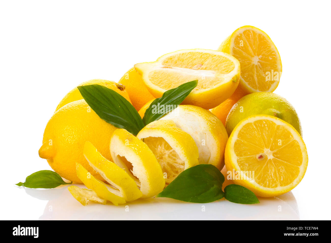 ripe lemons with leaves isolated on white Stock Photo - Alamy