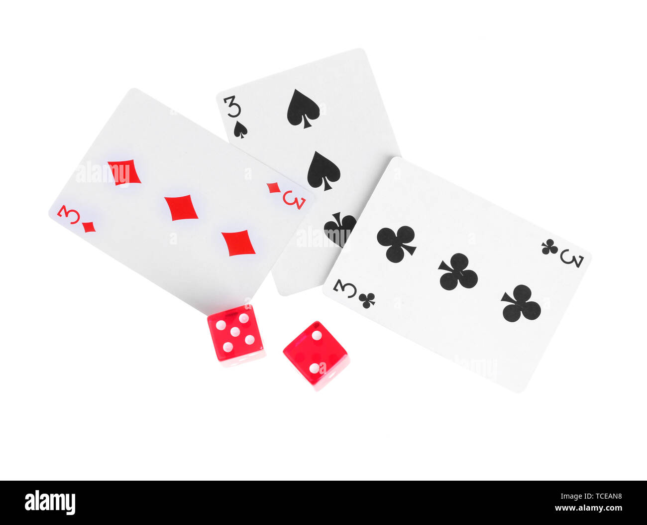 Three cards and dices isolated on white Stock Photo