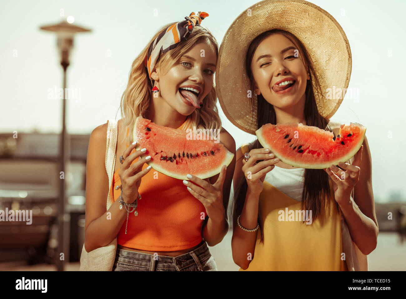 Women with watermelon pieces. Face-portrait of beautiful lovely alluring beaming radiant glowing bewitching girlfriends in early 20s keeping watermelo Stock Photo