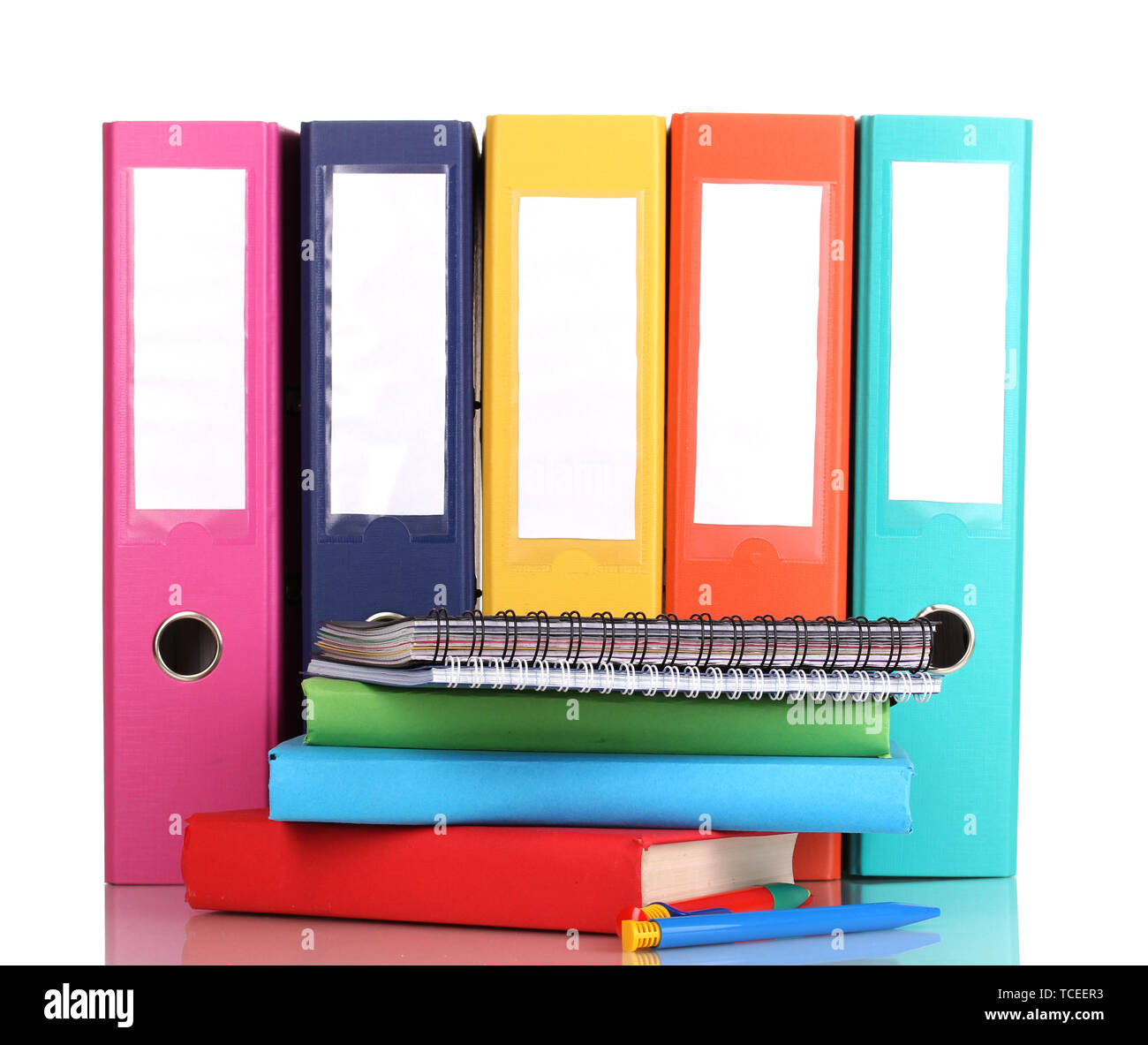 Open Files Stationery Bright office folders and books with stationery isolated on white Stock ...