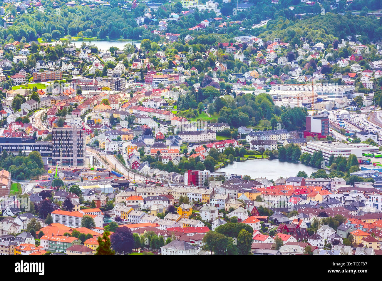 Bergen, Norway aerial cityscape panorama with colorful lake view, houses Stock Photo